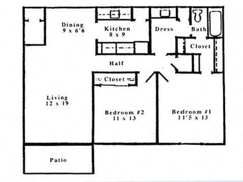 Floor plan for 2 beds, 1 bath, 950 sqft